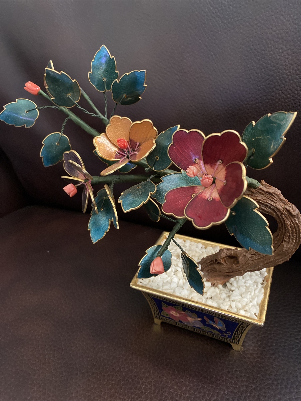 VINTAGE CHINESE GUILLOCHE ENAMEL BONSAI TREE & FLOWERS w/ CORAL CLOISONNE POT