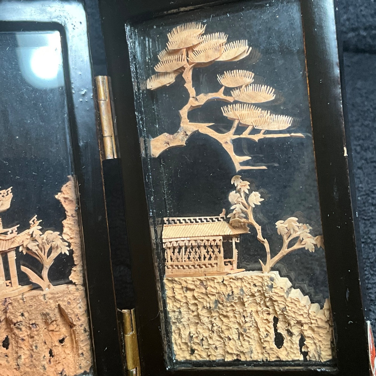 2x-VTG SAN YOU Tri-Fold Oriental Hand Carved Cork Pagoda Diorama w Cranes