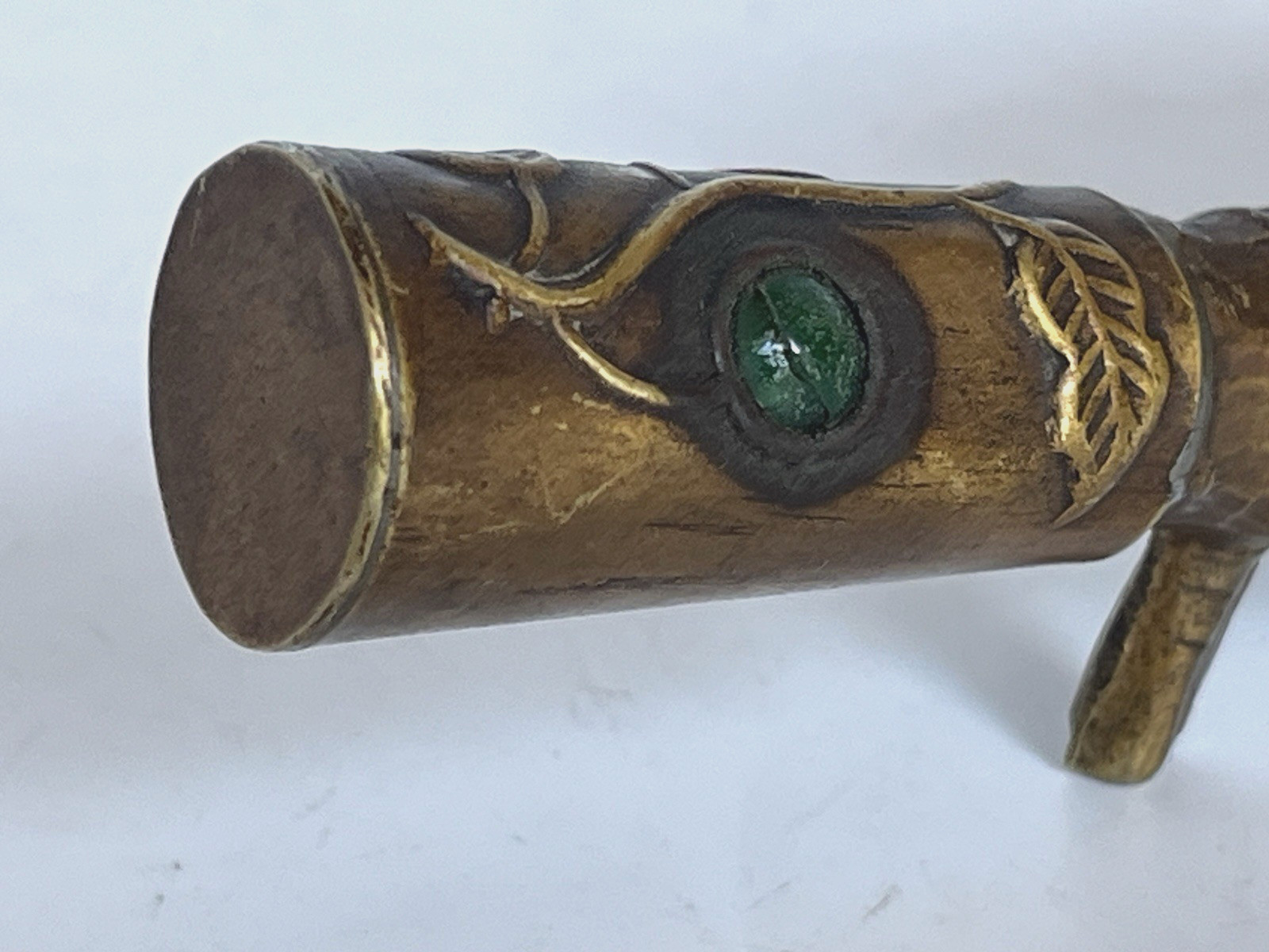Vintage Brass Chinese Silk Coal Iron Floral Design Enamel Insets on Handle