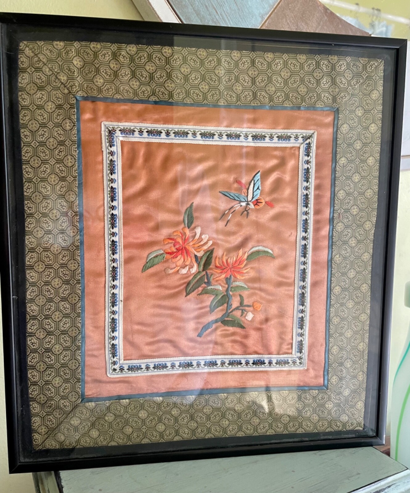 Antique Chinese 100% Silk Botanical Hand Embroidered Textile Framed Tapestry