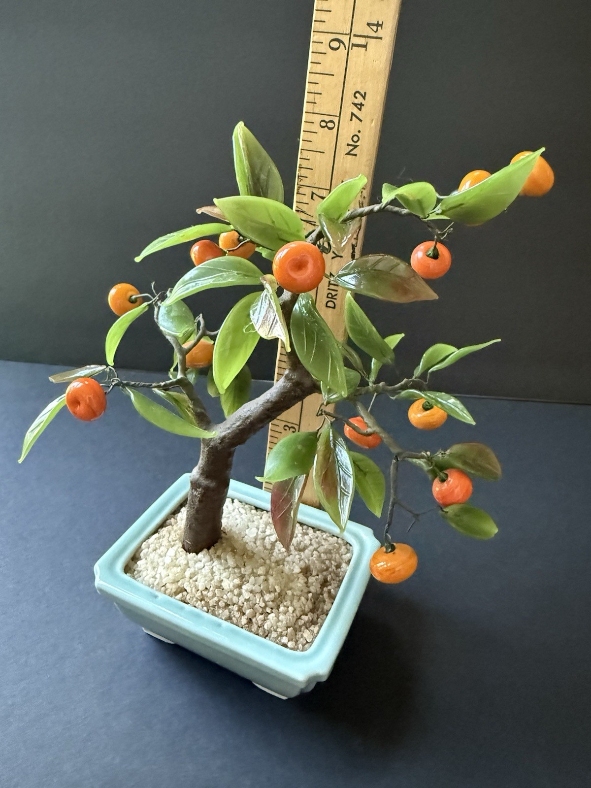 Vintage Glass Bonsai Tree Jade Green Leaves Oranges Asian Celadon Pot