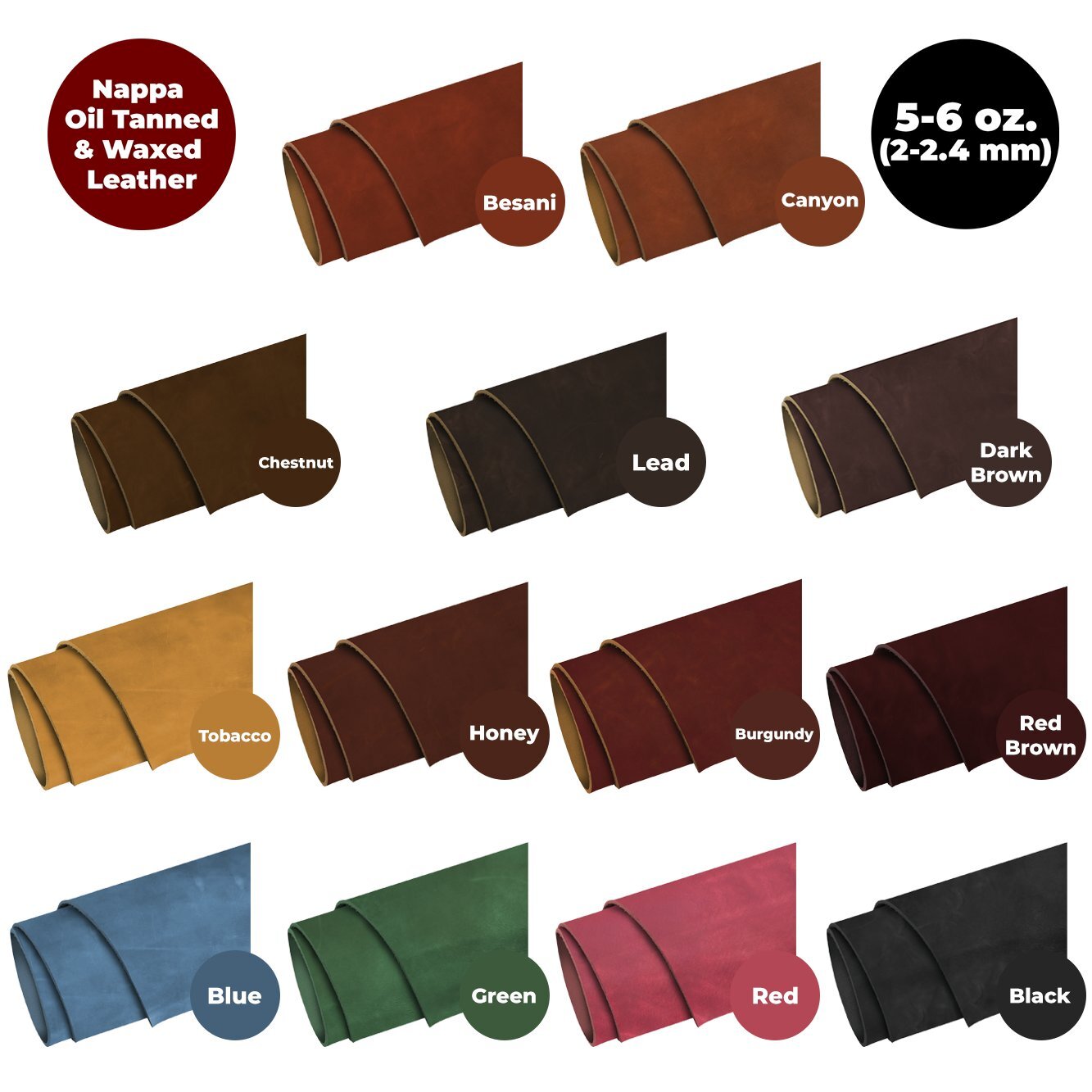ELW 5-6 oz. (2-2.4mm) Napa Oil Tanned & Waxy Finish Leather Pre-Cuts & Hides