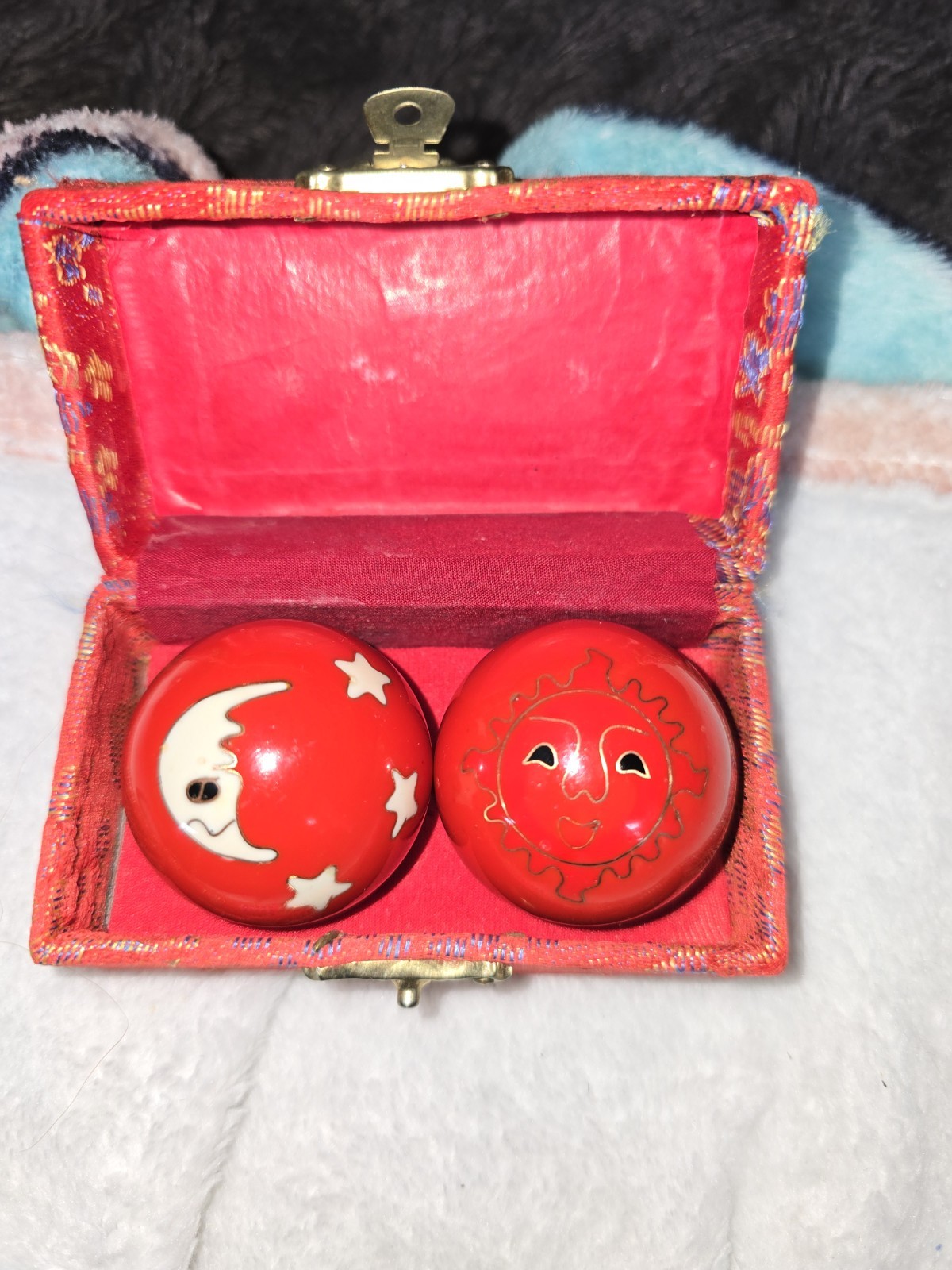Vintage Chinese Chiming Baoding Balls Red Cloisonné Sun Moon w/ Silk Brocade Box