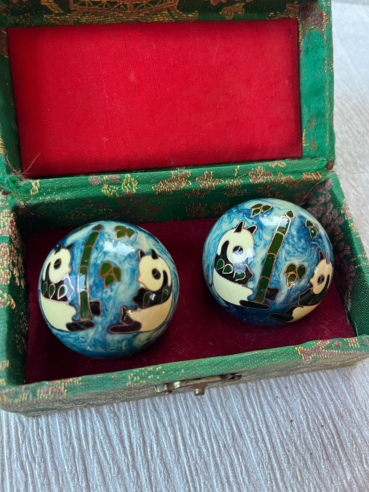 Pair of Pretty Blue & White Swirl Enamel w Cloisonné Panda Bears Magnetic Metal
