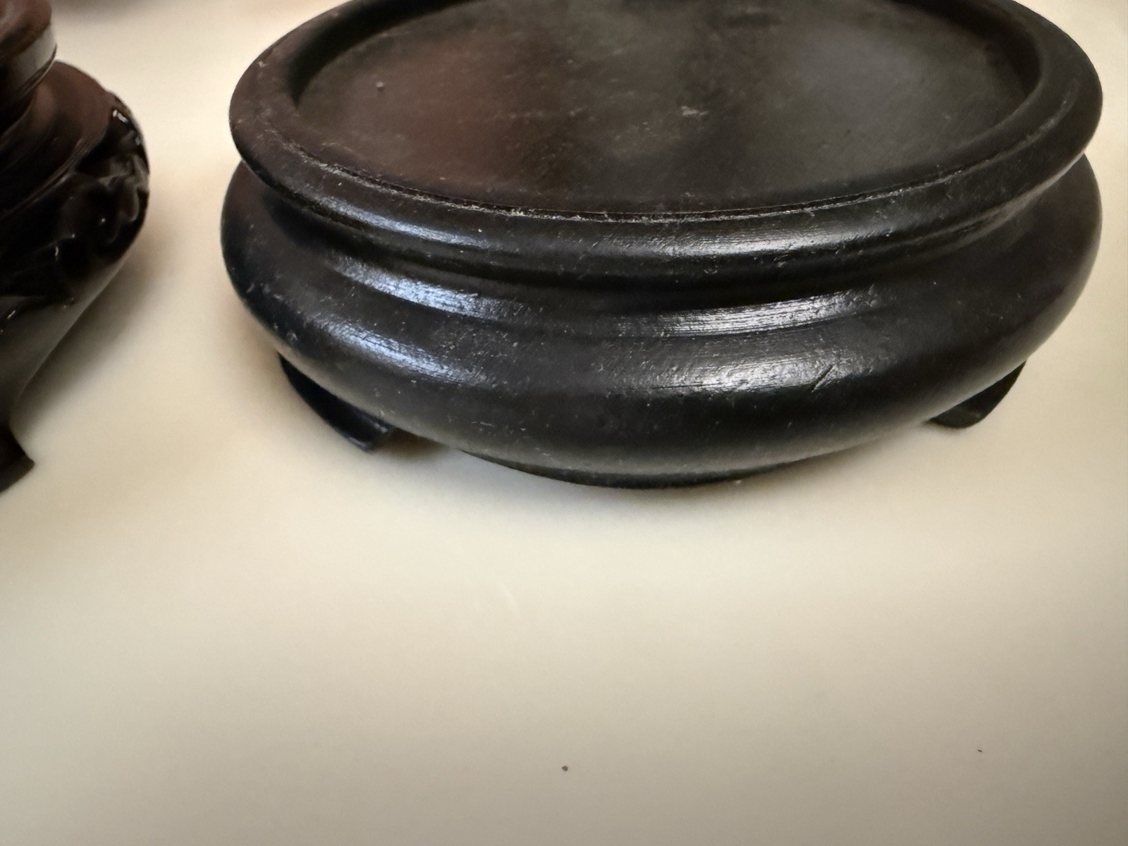 Chinese Round Carved Wooden Black Stand Base Wood Carving Vase Asian 3 2/8”