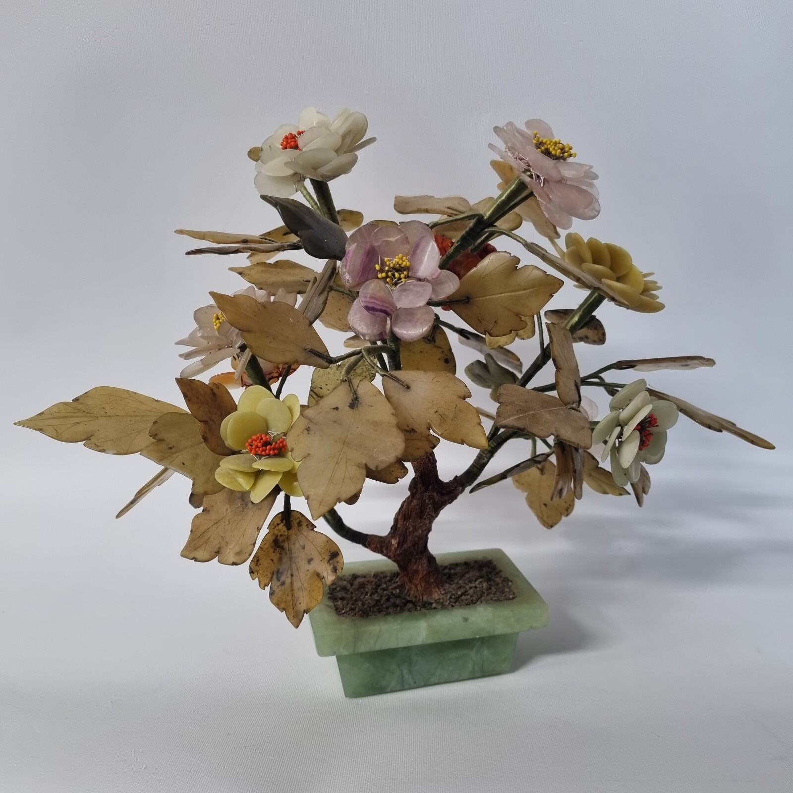 VINTAGE MCM CARVED JADE AGATE BONSAI FLOWER ASIAN ART TREE 11″ TALL