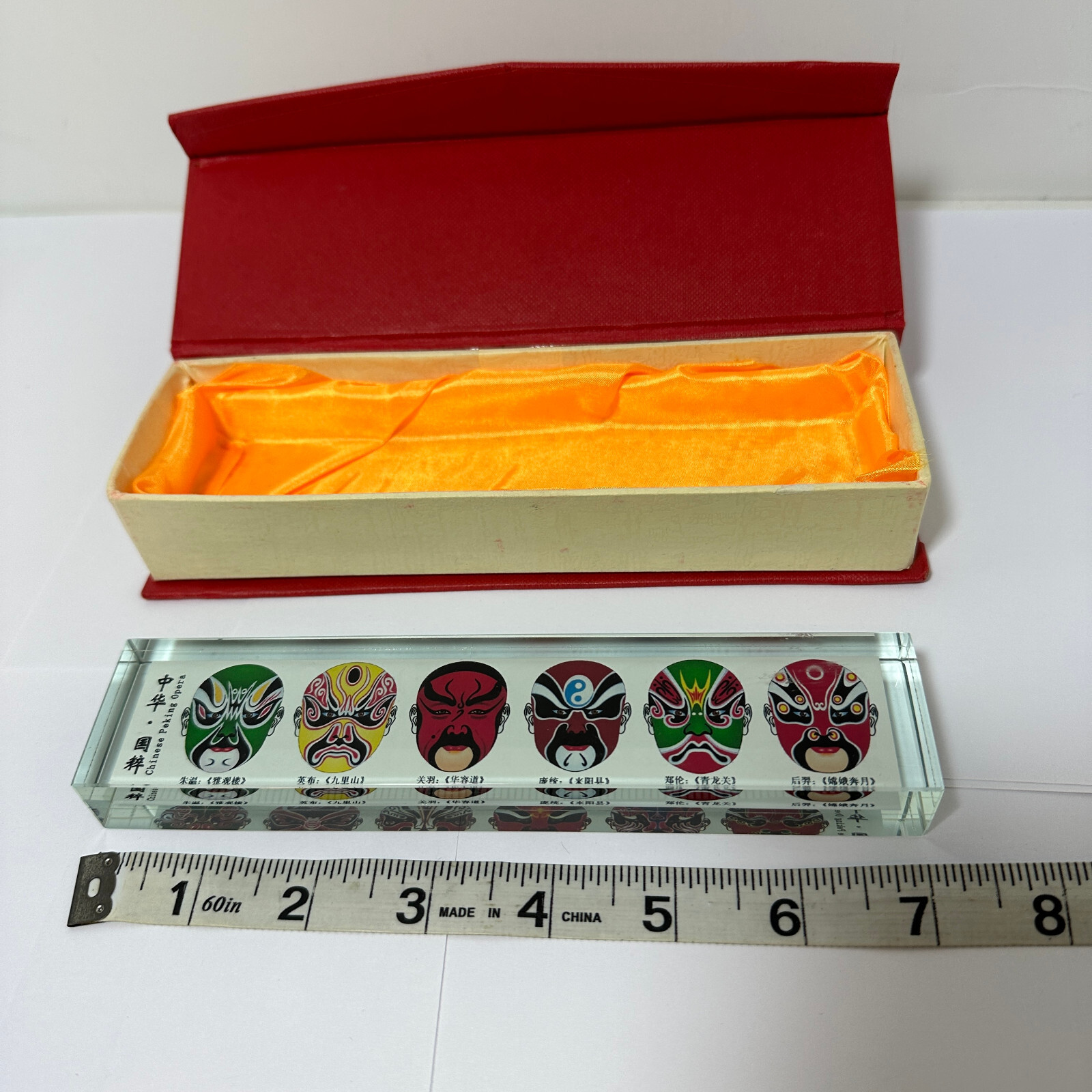 Chinese Peking Opera Transparent 7″ Block With Faces With Box Used Free Shipping