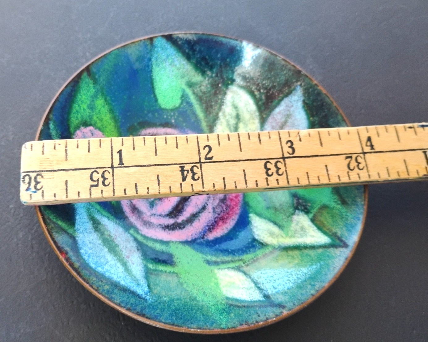 Chinese Cloisonné Teal Enamel Copper Plate Trinket Dish 3.75” Floral Decor