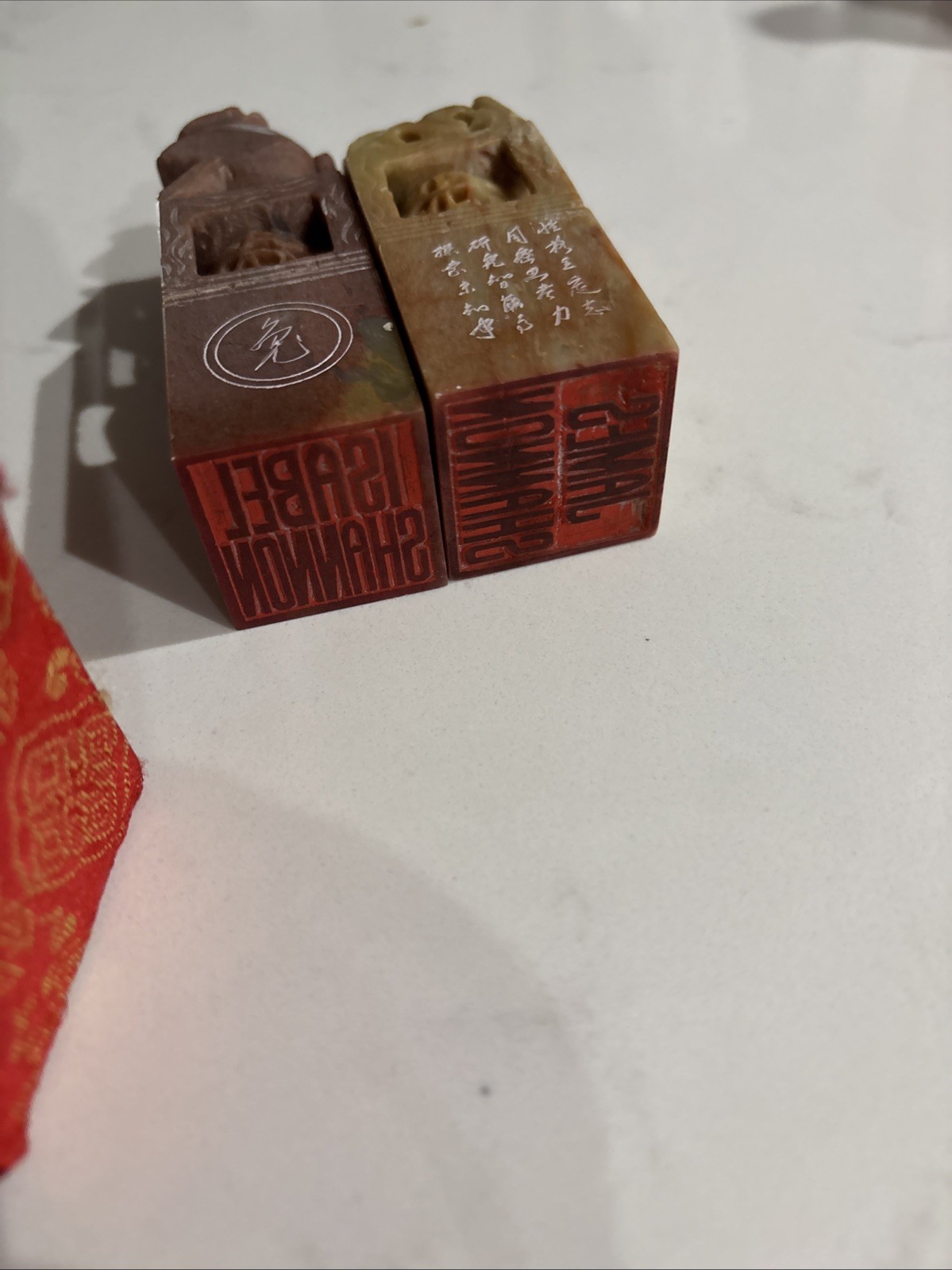 Two CHINESE JADE / SOAPSTONE SEALS STAMP WITH BOXes With The Names