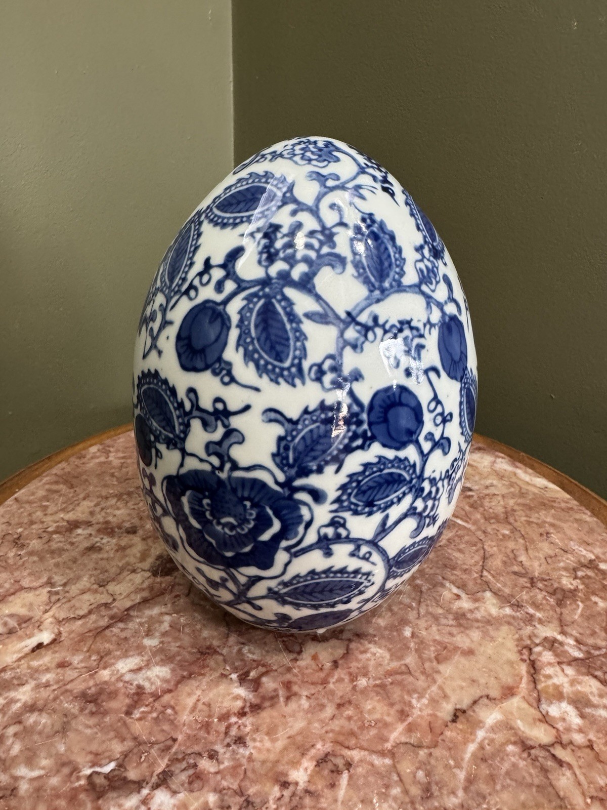 Large 8” Tall vintage blue and white Chinese porcelain egg
