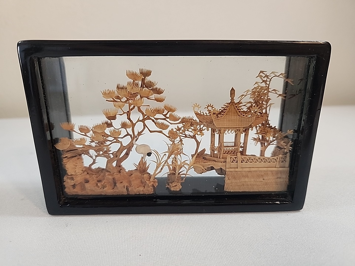 VTG Hand-Carved Chinese Cork & Wood Diorama Encased In Glass Pagoda Storks