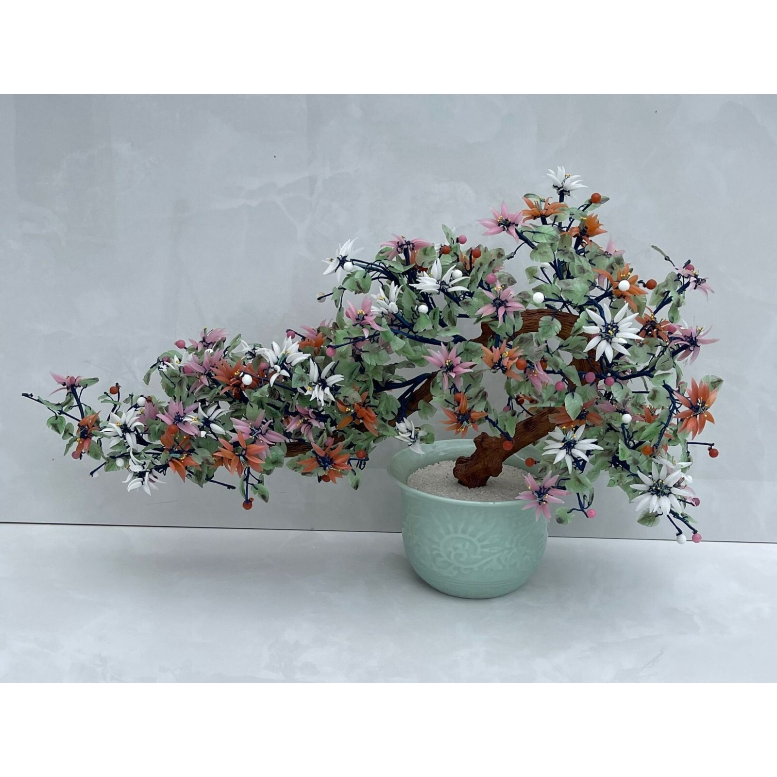 Vintage Collection Large Glass Chinese Jade Stone Bonsai Tree Multicolor Sz 29in