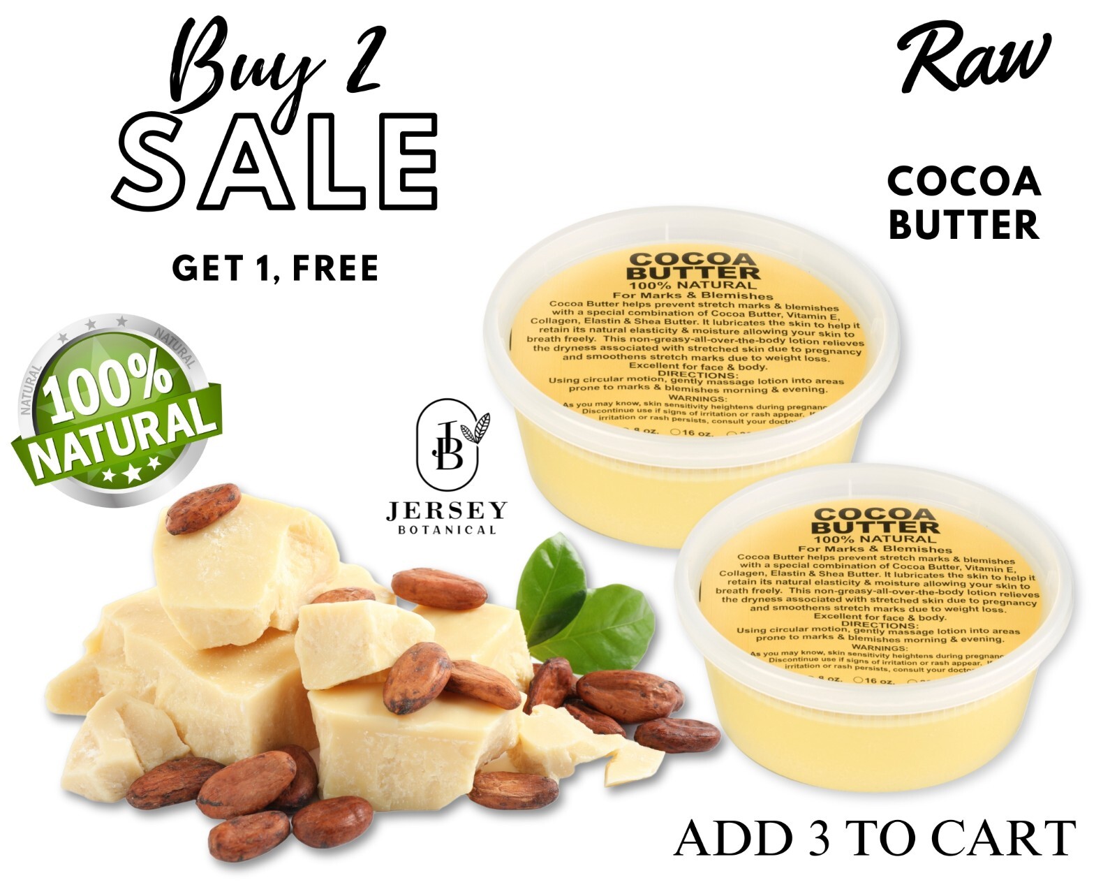 Raw Cocoa Butter 8 oz. 100% Pure Organic Unrefined Cacao Bean for Body, Skin