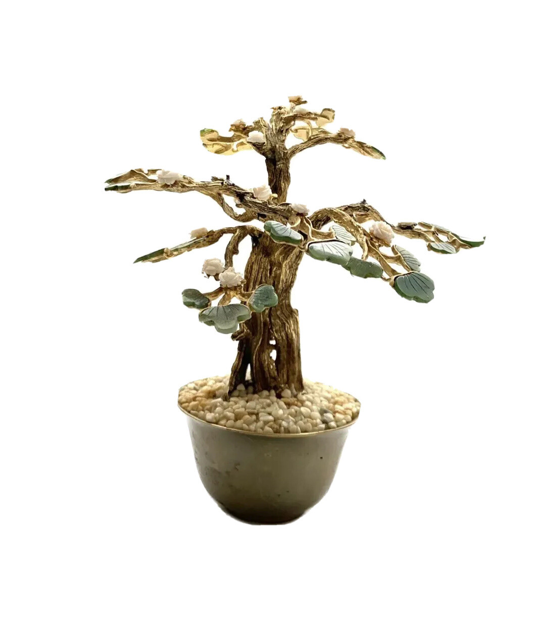 Bonsai Tree Glass Jade Stone & Pearl Flower in Brass Pot Vintage Oriental Decor