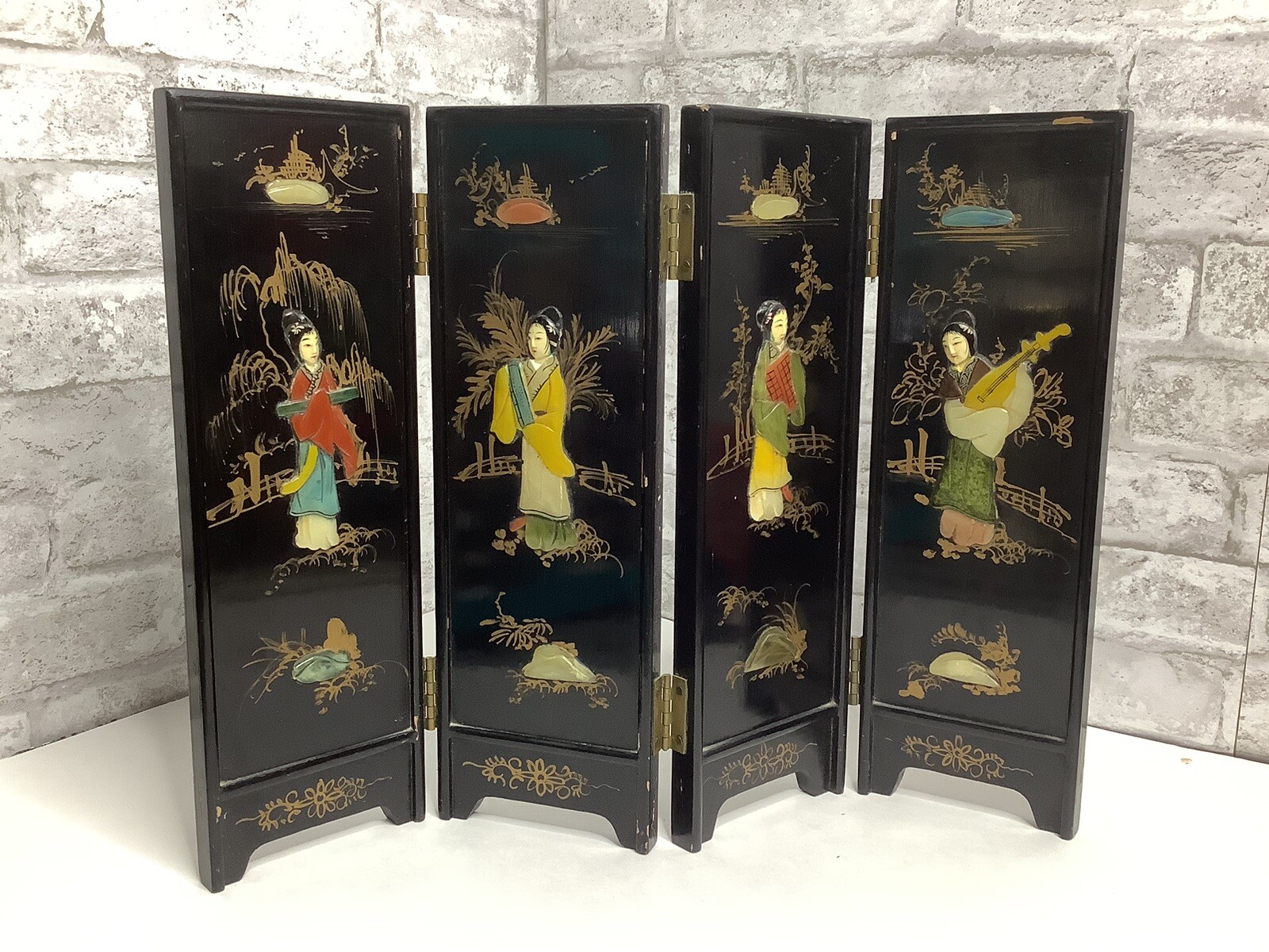 Vintage Mini Asian Chinese Lacquer Table Top Folding Screen Carved Stones Rare