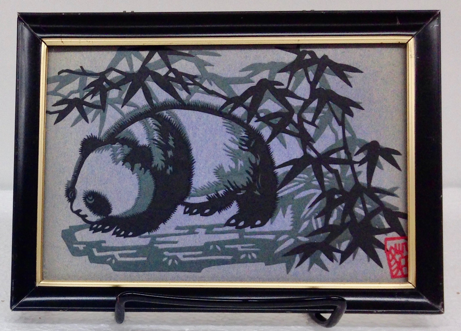 Vtg Set of TWO (2) Jianzhi Paper Cutting Art Chinese Paper Pandas – Framed 4×6″