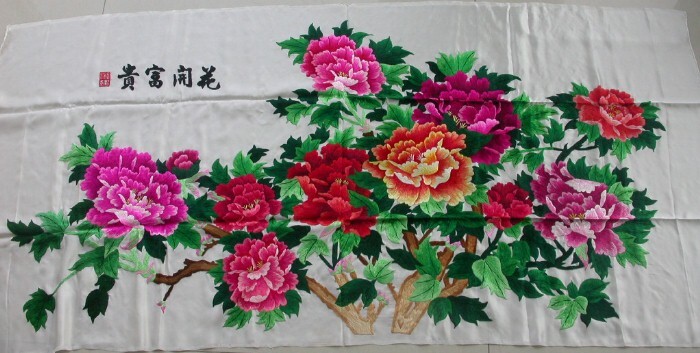 Chinese 100% hand embroideried silk Xiang (hunan) embroidery art:Peony 153cm