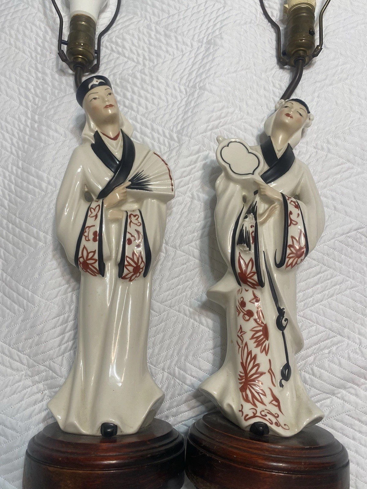 Vintage Asian Husband And Wife Figures Porcelain Lamps Hand Painted 1950’s RARE