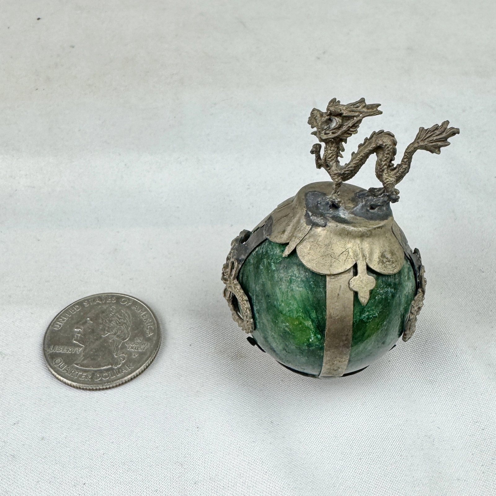 Vintage Chinese Zodiac DRAGON Green Marble Orb, Pewter/Tin Finial, Dragon Motif