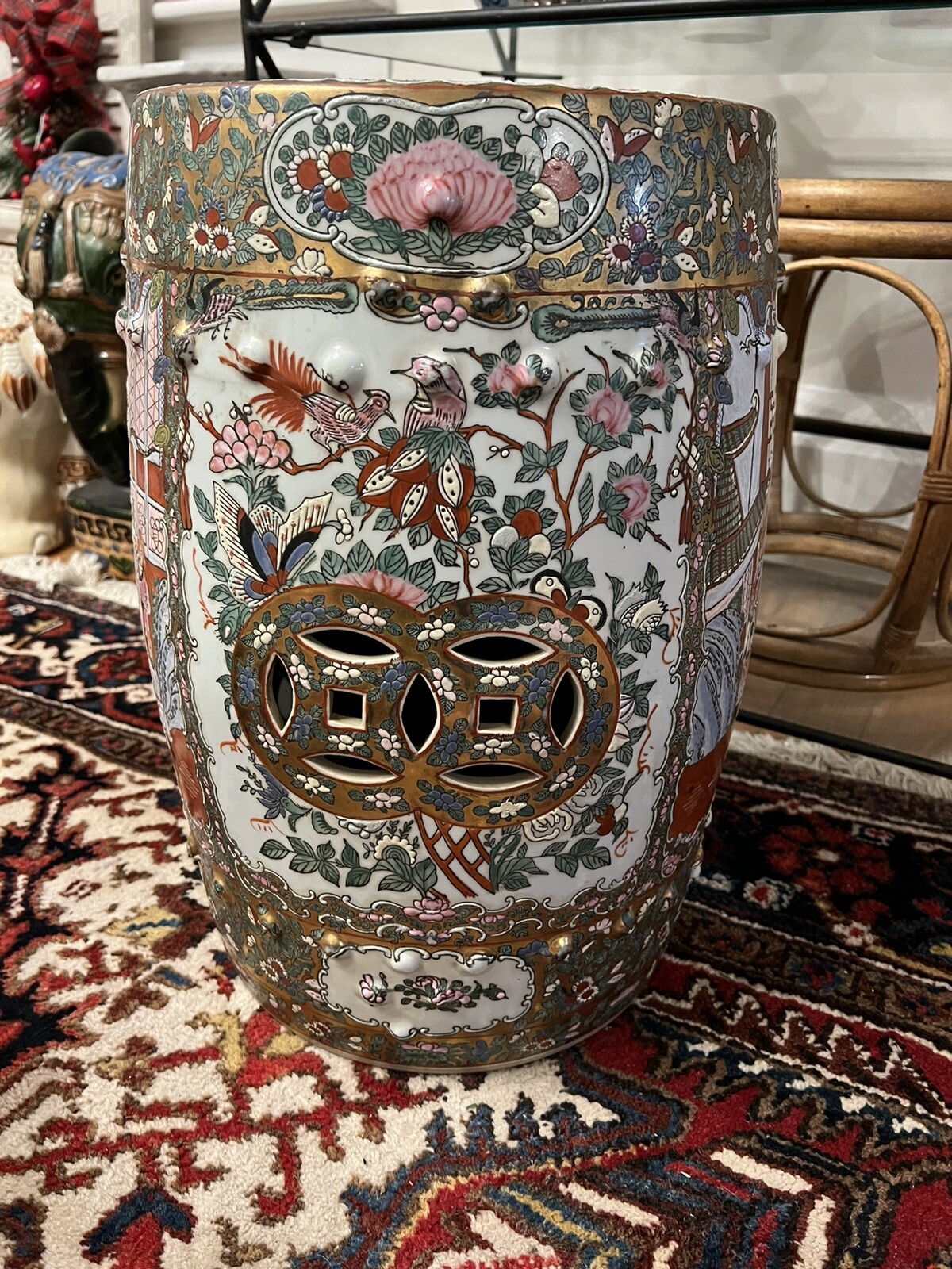vintage rose medallion famille Porcelain garden stool seat chinoiserie Chinese