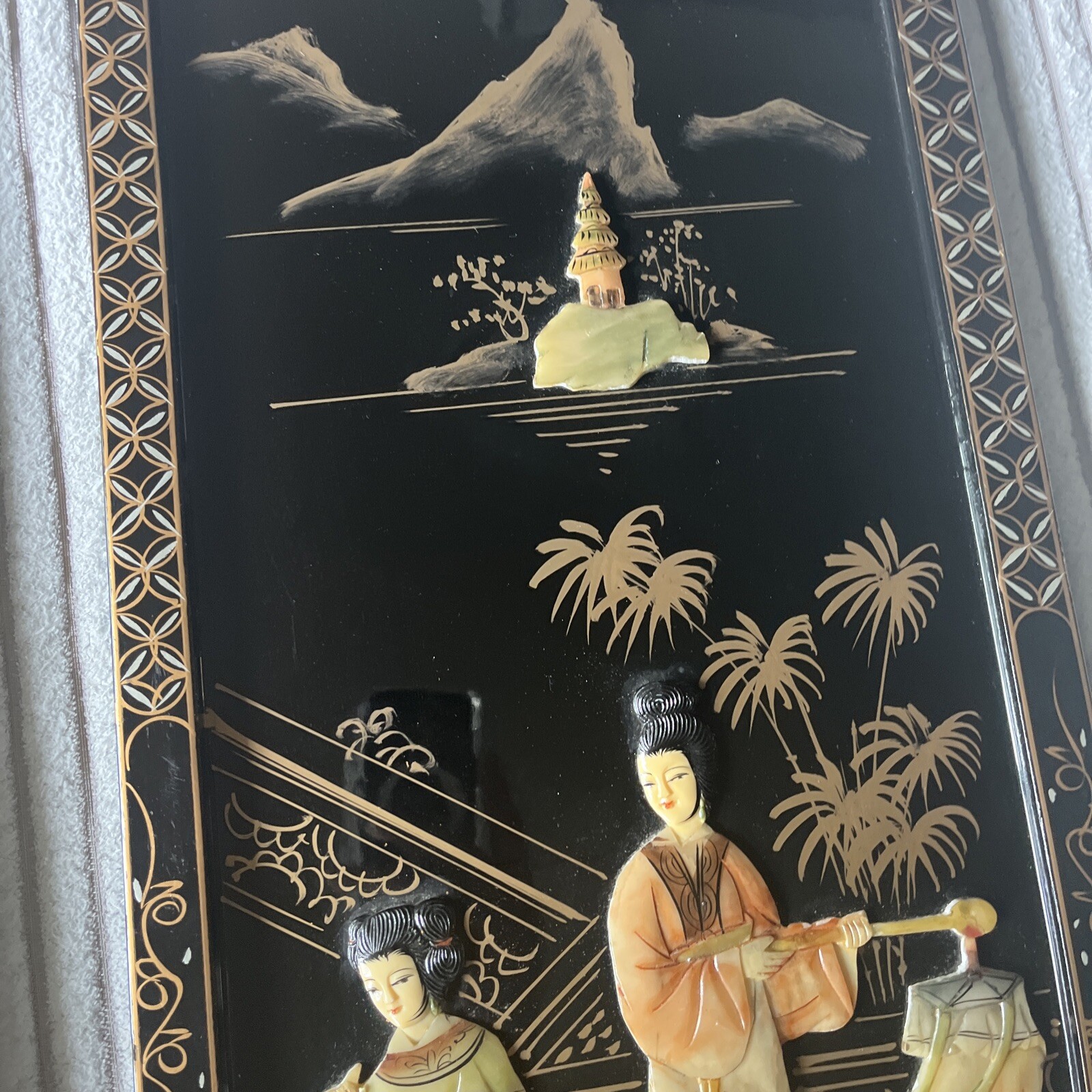 4 Asian/Oriental Hanging Wall Panels Mother Of Pearl Black Lacquer 36”X12” (READ