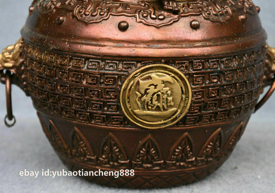 Chinese Folk Bronze Golden Toad Spittor wealth Beast Head Statue Tank Jug Jar