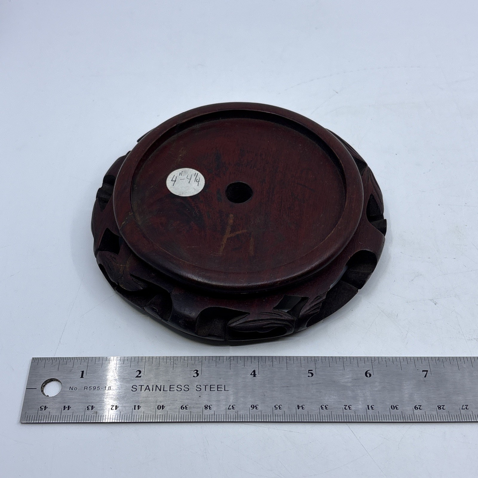Vintage Chinese Wood Carved Display Stand Vase Plant Asian Lamp Base Round 4.25″