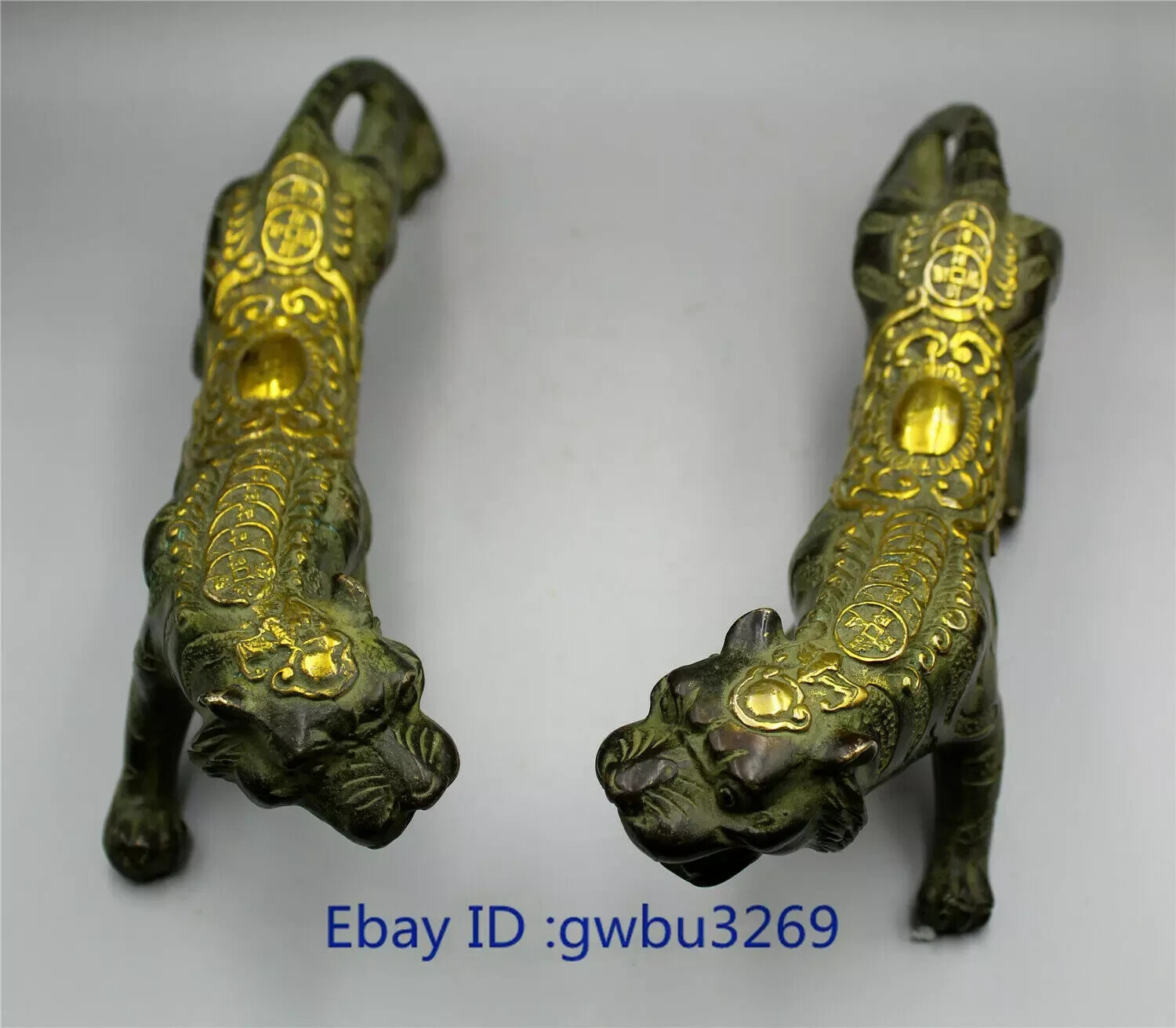 Fengshui A pair Delicate Chinese Bronze Gilded handwork Money Tiger Statue