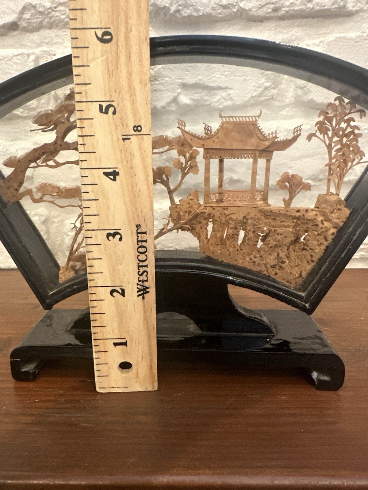 VINTAGE CHINESE SAN YOU DIORAMA CORK CARVING GLASS CASE PAGODA TREES & CRANES.