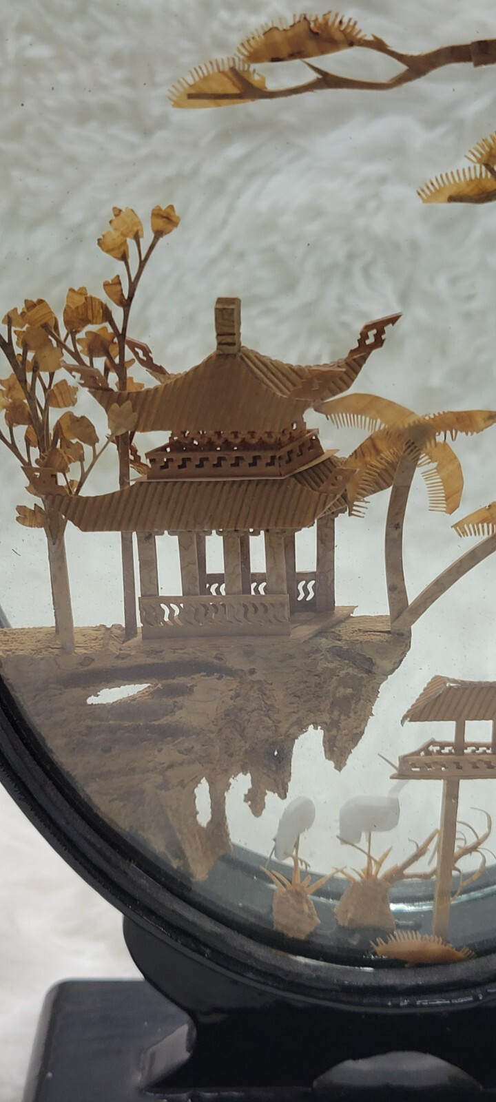 Diorama Vintage Chinese Cork Wood Oval Glass Original Sticker Cranes Pagoda