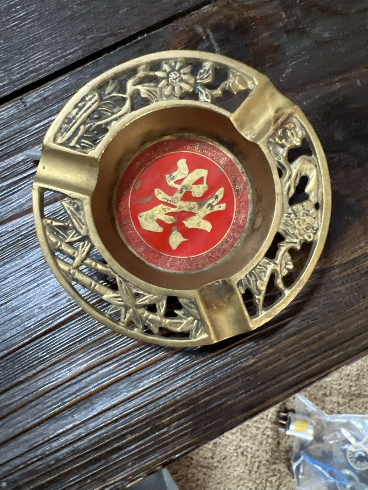Vintage Chinese Brass Red Enamel Ashtray, Bamboo Floral Design 3.25″ Taiwan