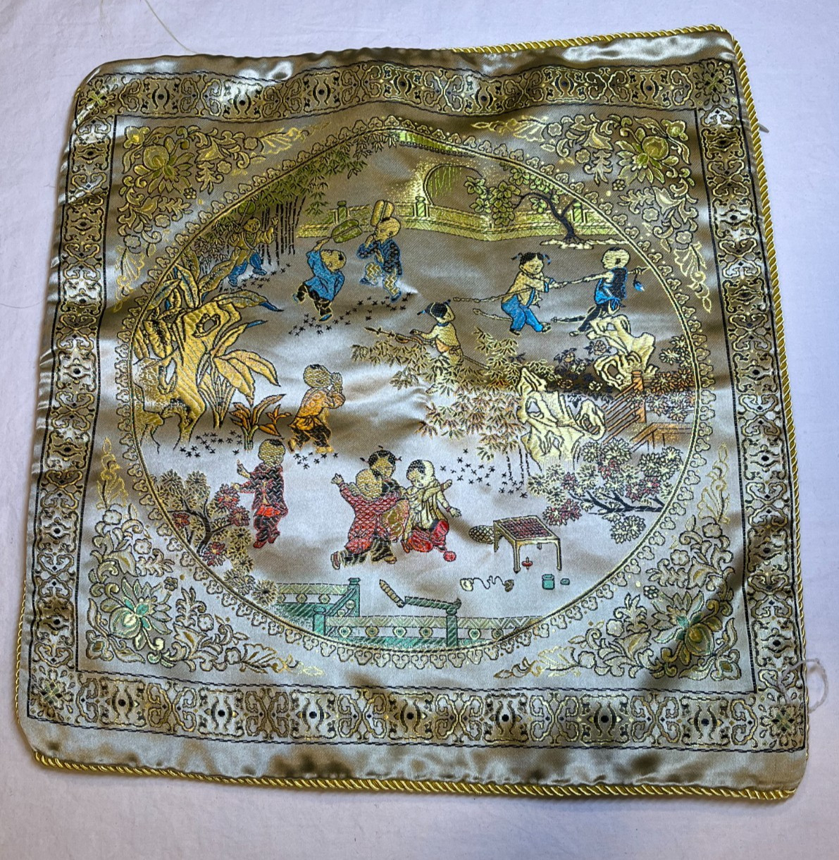 Vintage Chinese Silk Brocade Pillow Covers – Hand Embroidered – 17″ – Children