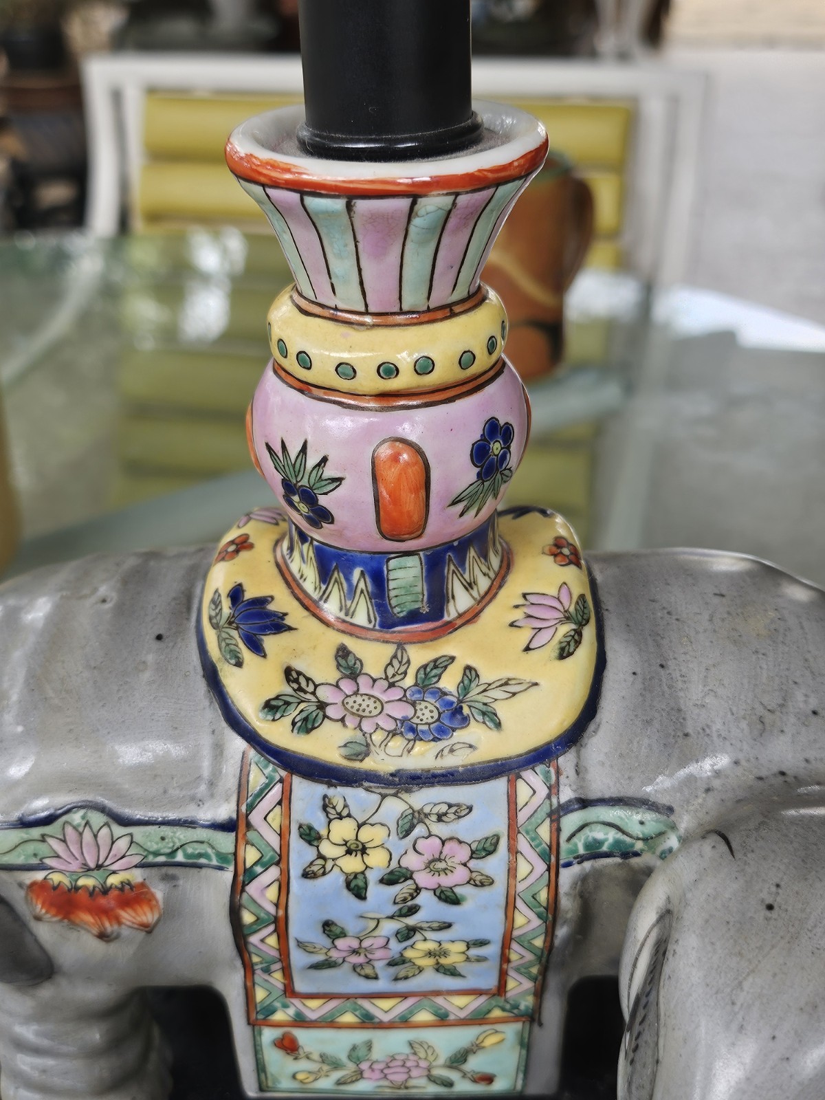 Vintage CHINESE ENAMELED PORCELAIN ELEPHANT WITH A ZUN VASE Turned Lamp