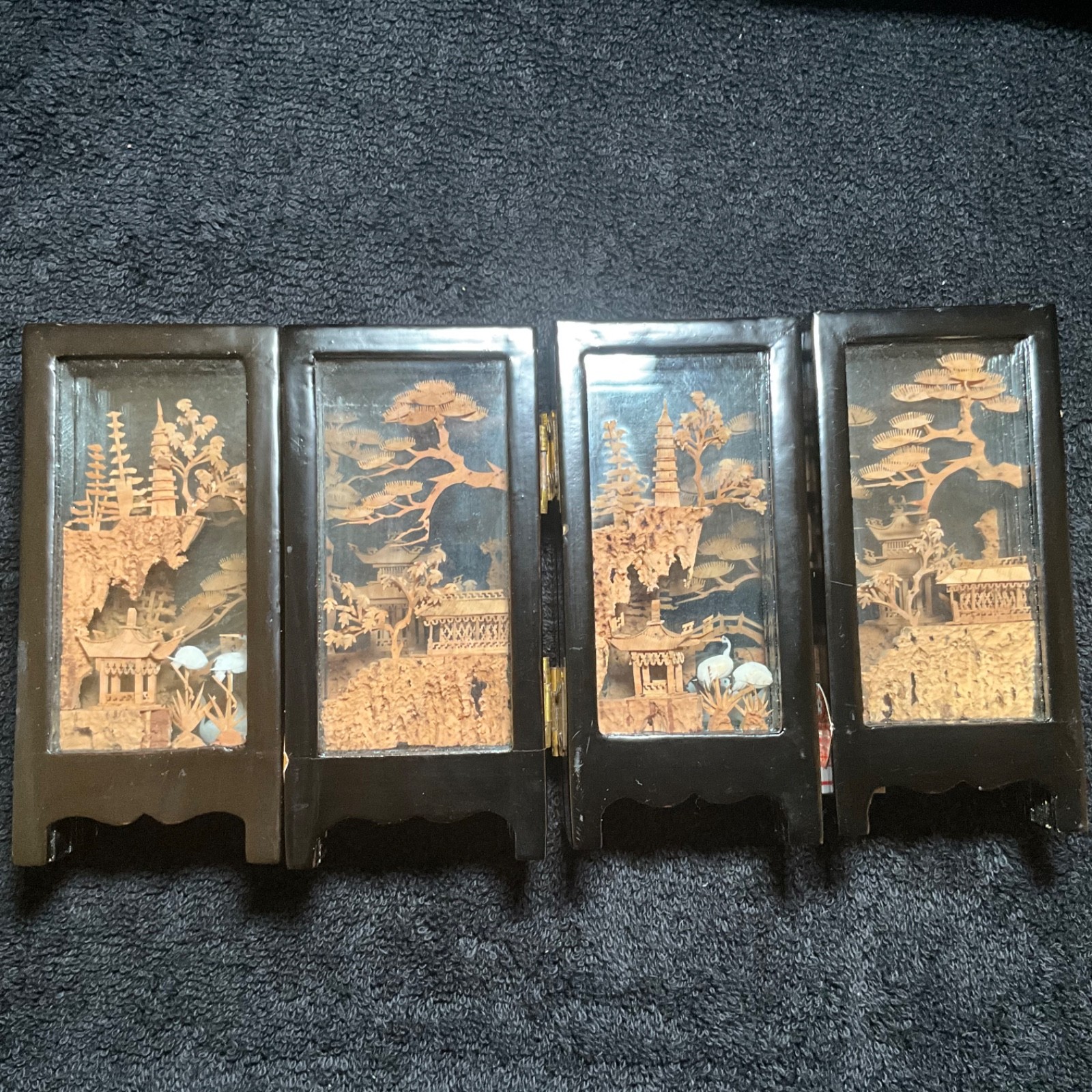 2x-VTG SAN YOU Tri-Fold Oriental Hand Carved Cork Pagoda Diorama w Cranes