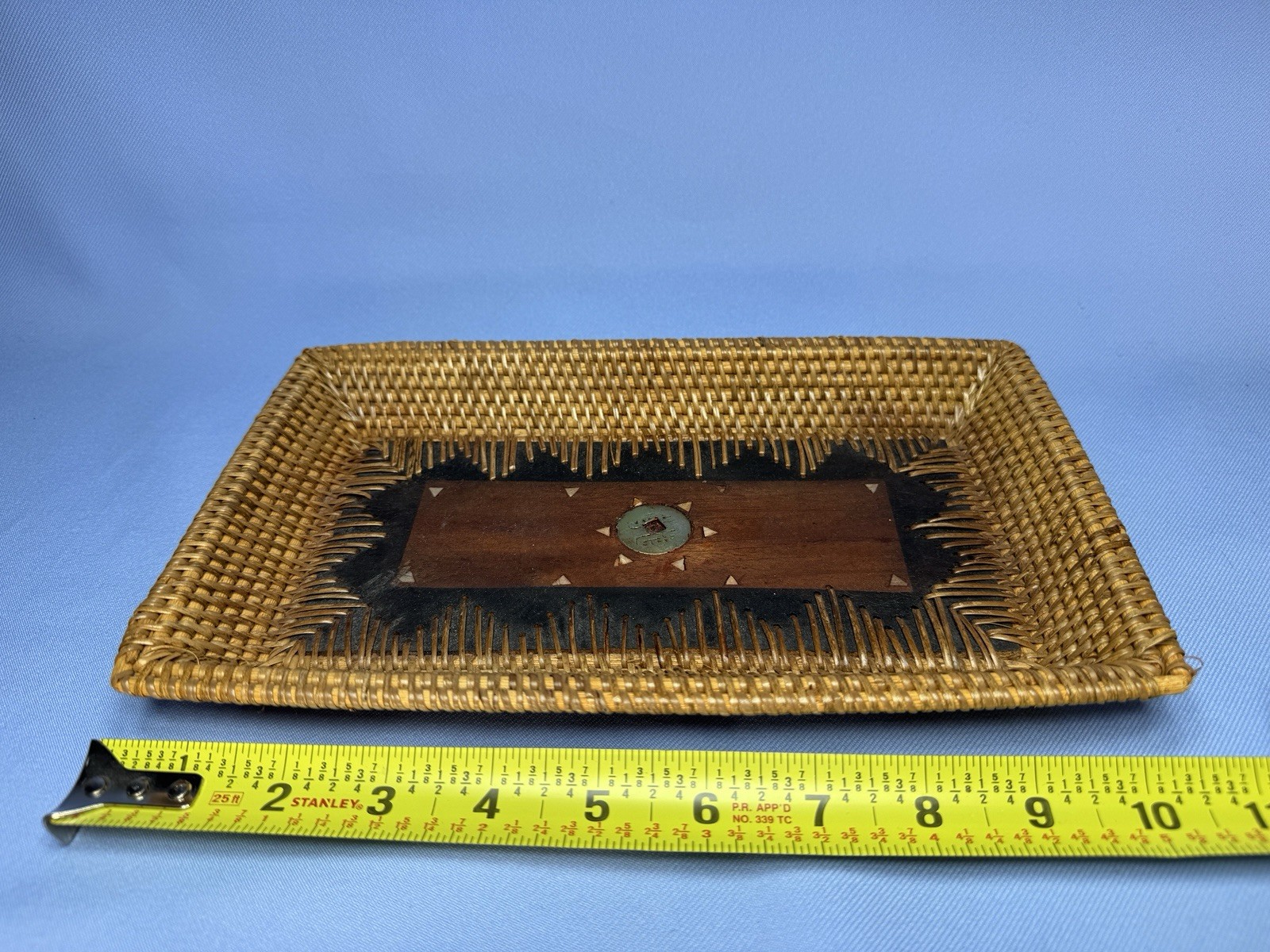 Vintage Chinese Wood Tray With Embedded Coin, Woven Sides Inlaid Wood 10x6x1