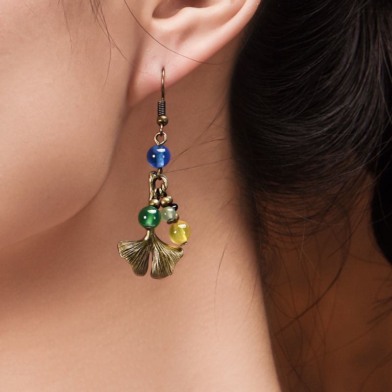 China Dongling Jade/Agate/Alloy Apricot Leaf Tibetan Style Earbob Earrings