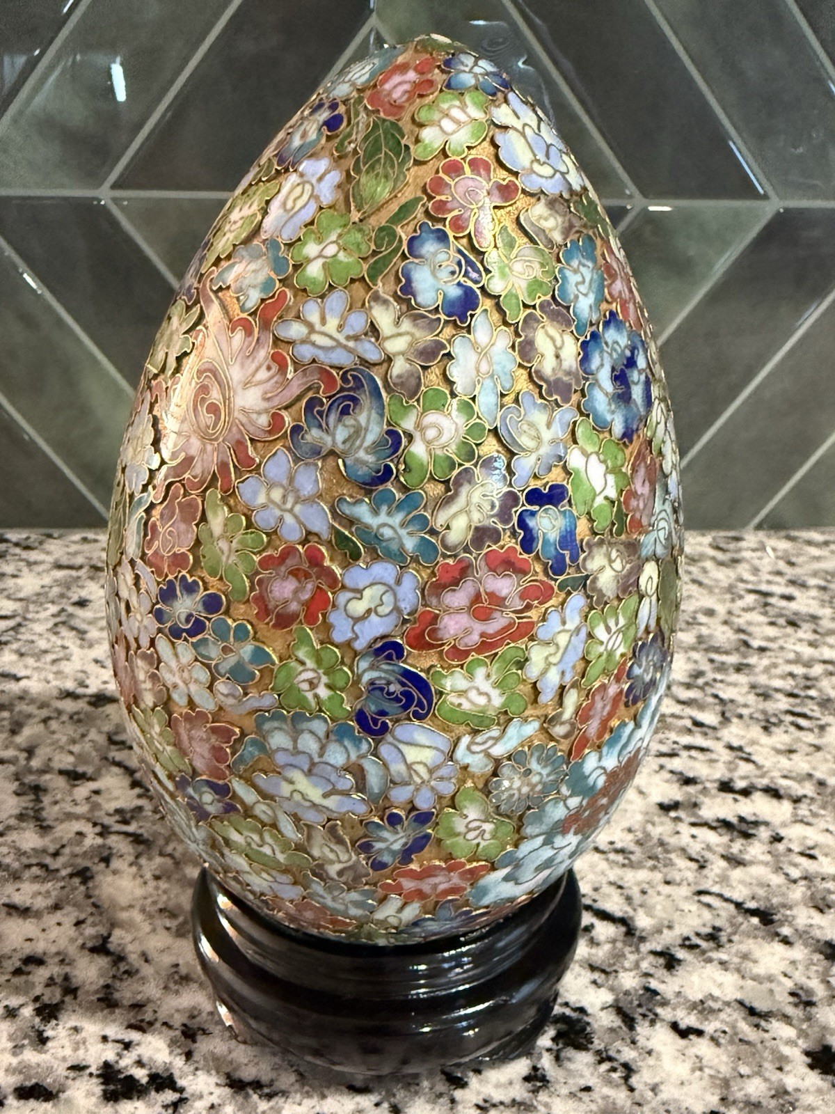 Vintage Chinese Cloisonné Large Gilded Egg w/ Wood Stand Floral, Millefleurs