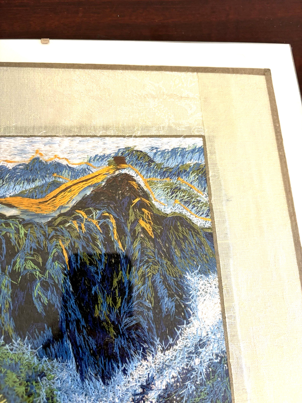 Chinese Asian 100% Silk Tapestry Embroidery Great Wall Plexiglass Mount