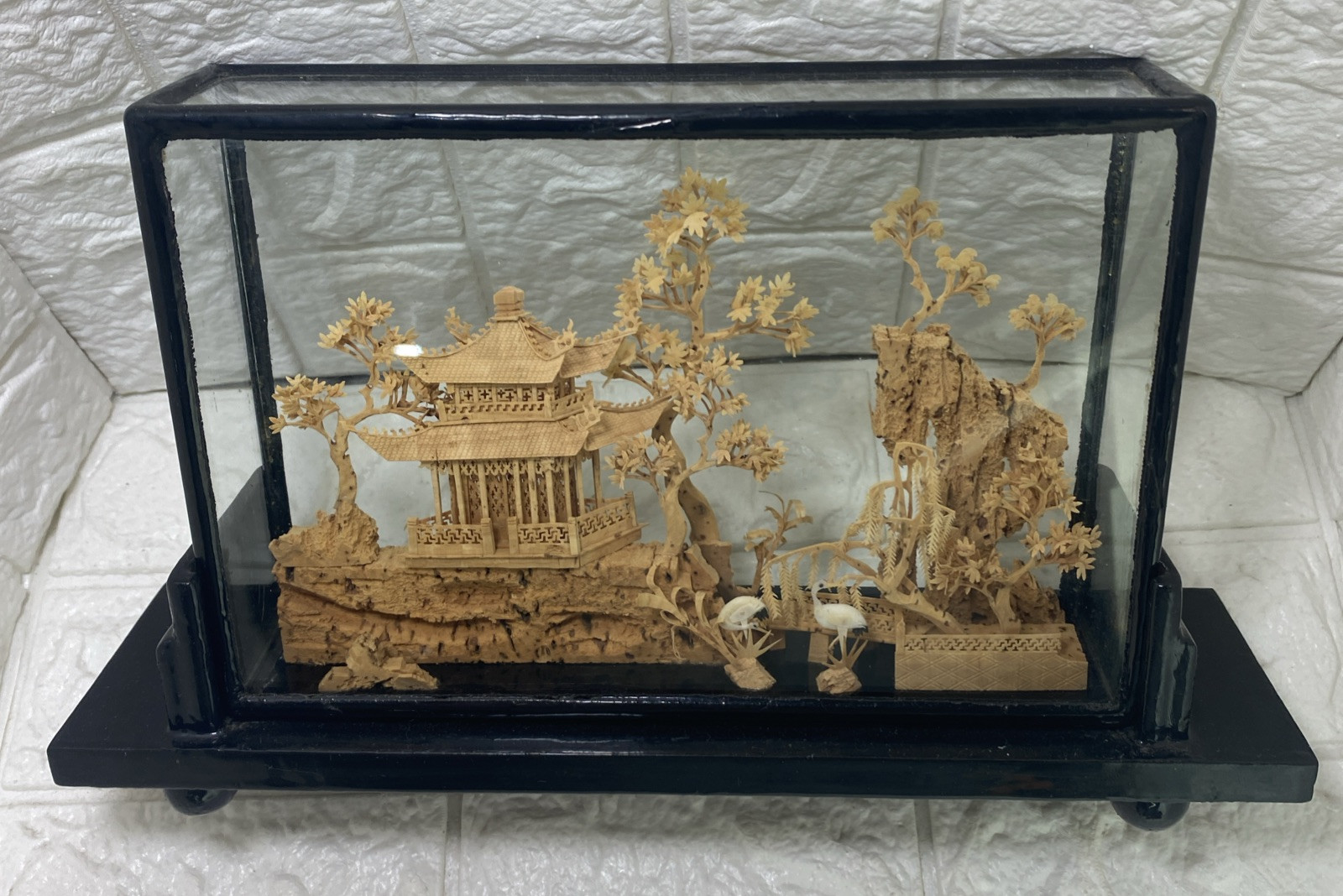 Vintage Chinese SanYou Diorama Handmade Cork Carvings Of Cranes Pagoda & Trees
