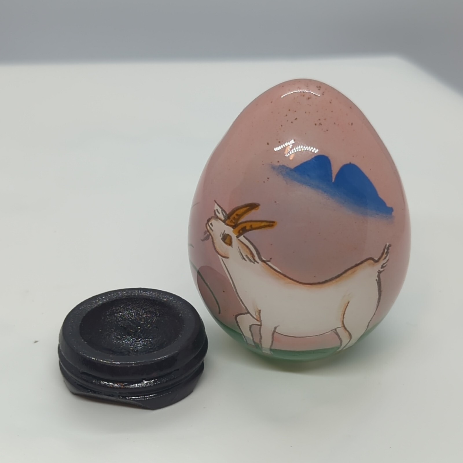 Chinese Reverse Hand-painted Art Glass Egg Depicting White Goat w/Stand 3.25″H