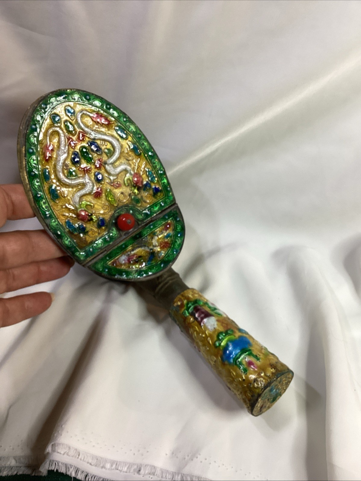 Antique CHINESE Brass Cloisonne Enamel Silk Iron DRAGONS CHASING THE RED PEARL
