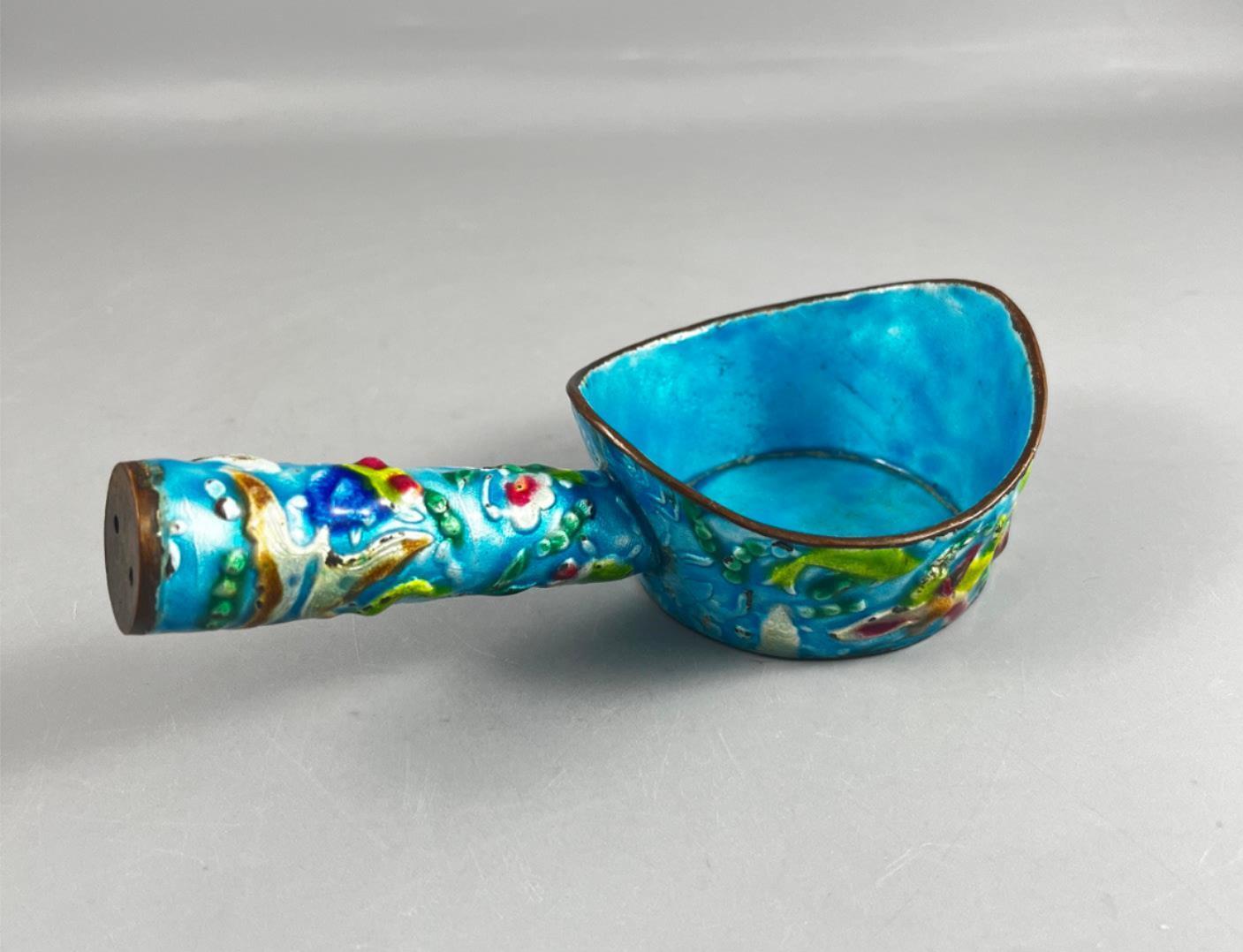 Vintage Chinese Enamel Cloisonne Painted Scoop Pan Silk Iron