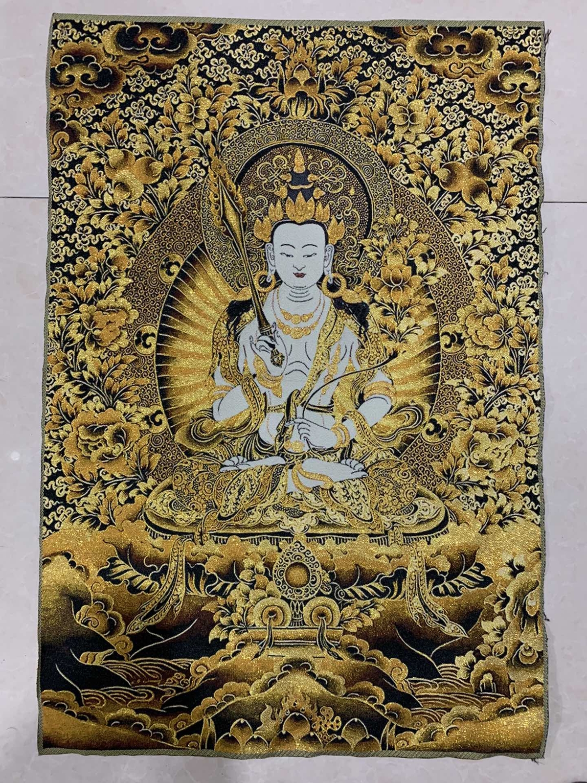 Tibet Tibetan Cloth Silk Akasagarbha Bodhisattva Black Gold Thangka Mural 14