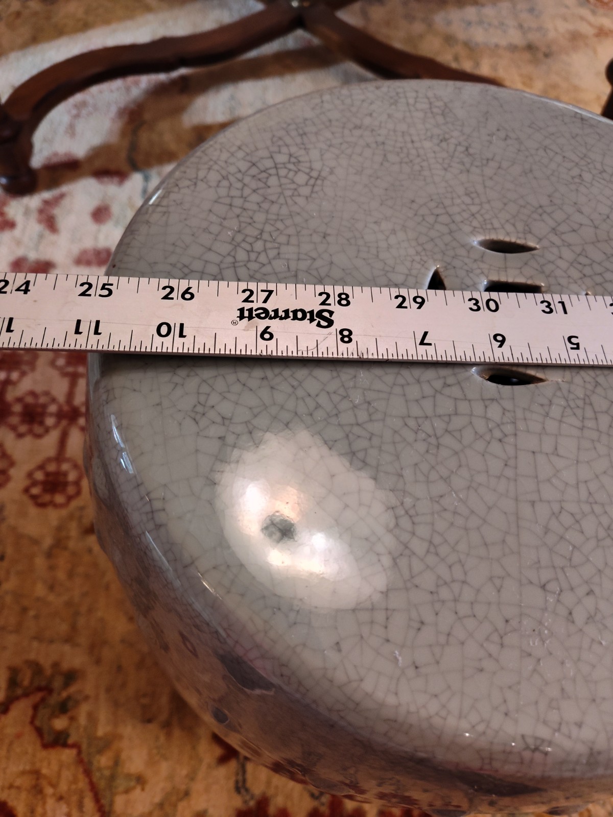 18 ” Vintage Chinese Celadon Porcelain Garden Seat. Hobnailed and Pierced.