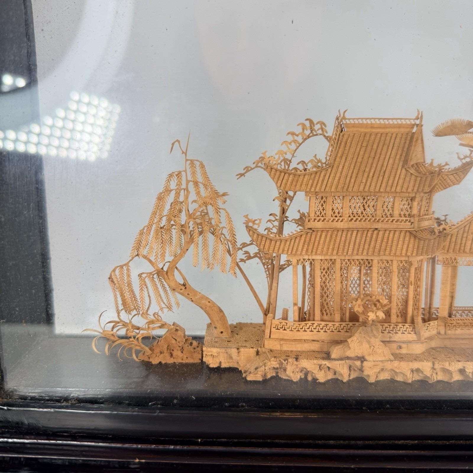 Vintage San You Chinese Cork Diorama Glass Case Black Wood Plinth 19.5×10″x3.5″