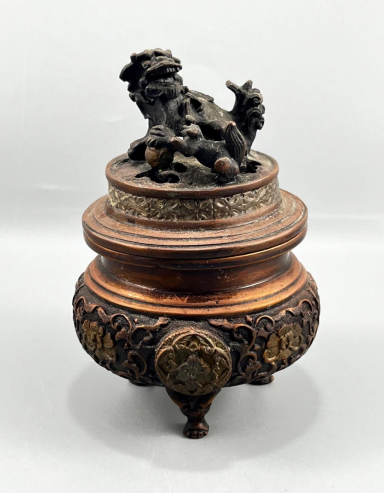 Antique Chinese Metal Bronze Brass Foo Dog Lion Ornate Incense Burner