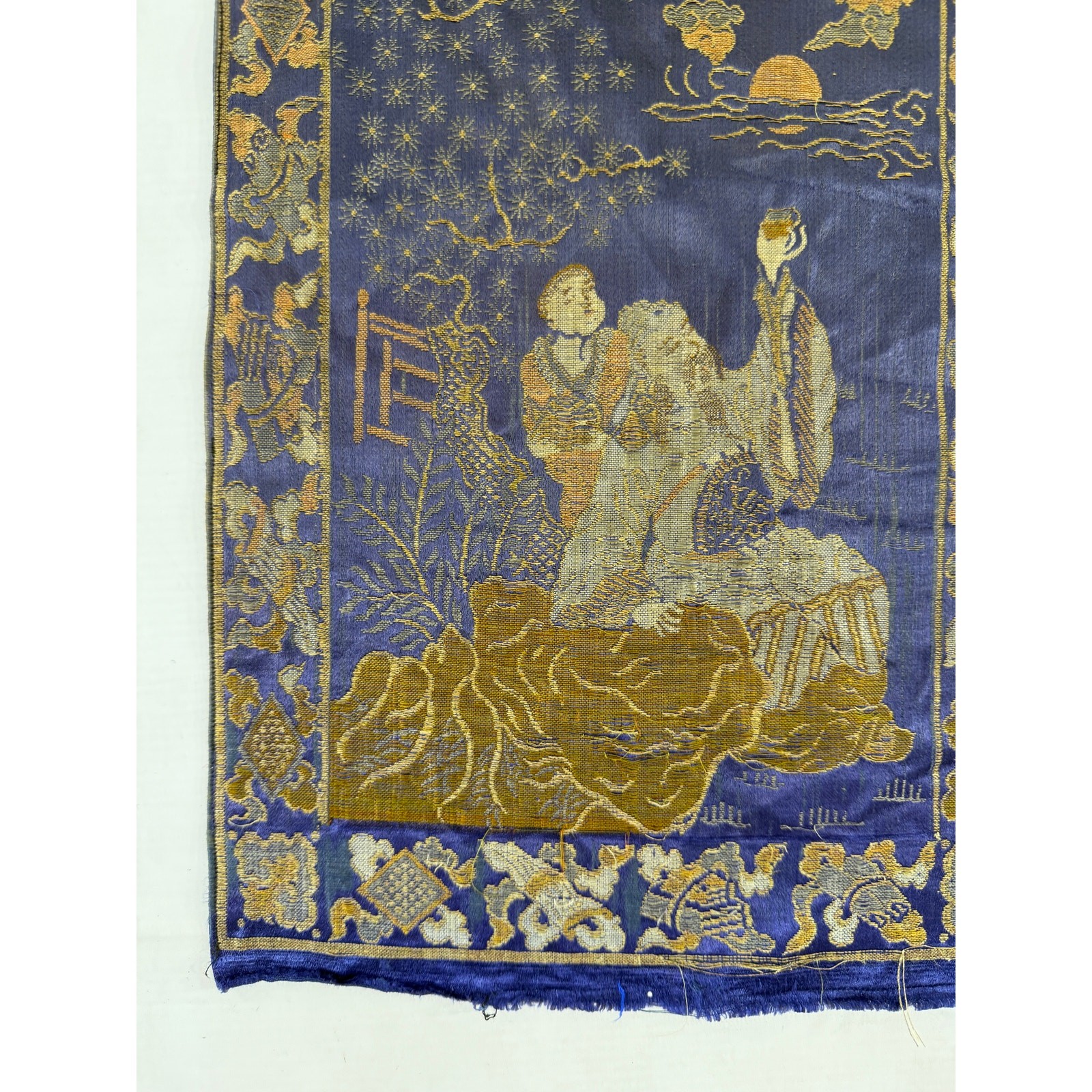 Antique Chinese Silk Brocade Cranes & Scholars Tapestry 18x10in