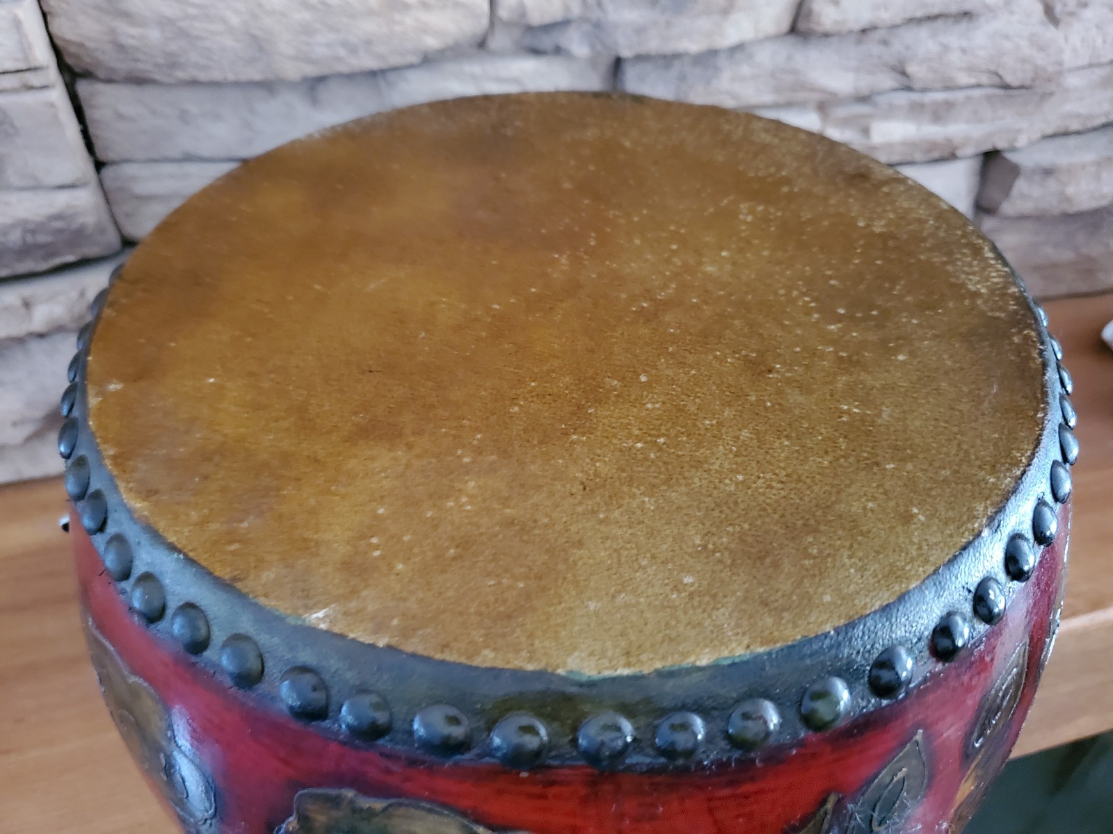 Vintage Double Sided Chinese Leather Drum Dragon Hand Painted 10″OA