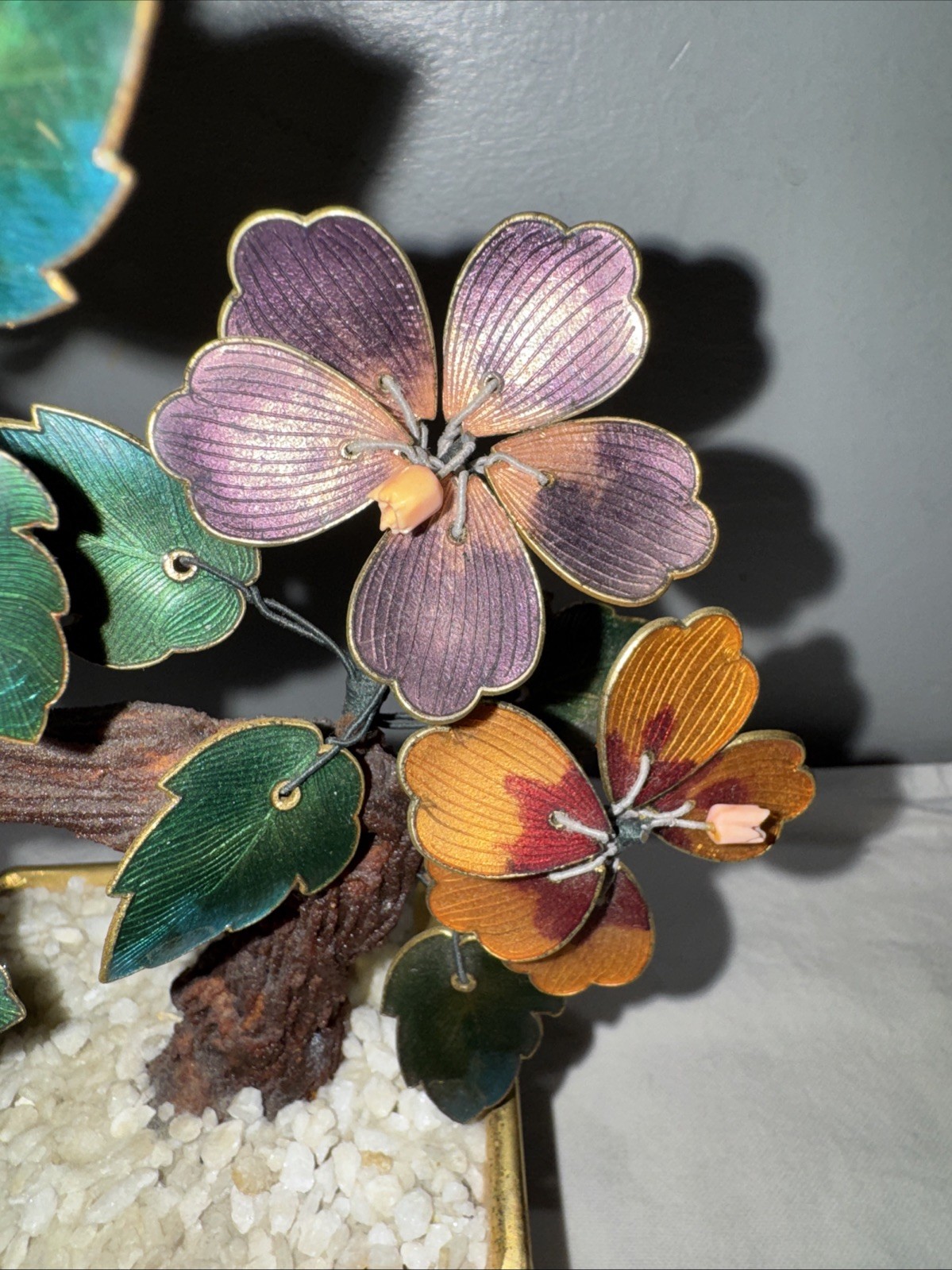 Cloisonne Enamel and Metal Bonsai Tree w/ Pot Colorful Flowers 7.5” Vintage