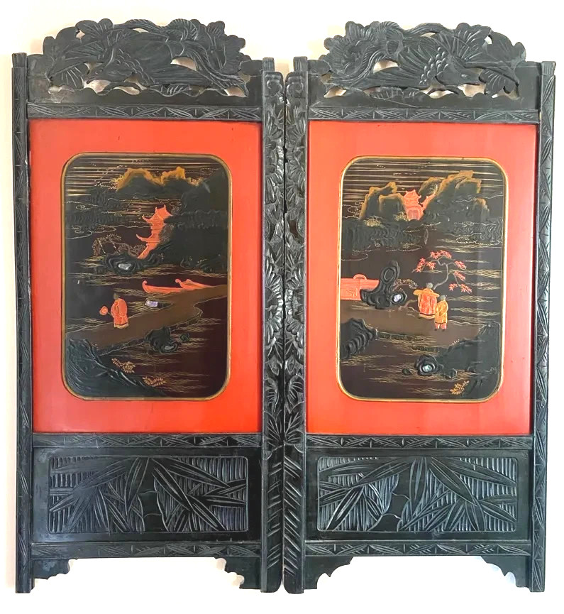 Vintage Black Lacquer &Mother of Pearl Japanese? Asian Art 2 Wall Panels 36″x17″